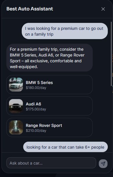 The chat assistant recommending real vehicles with picture cards