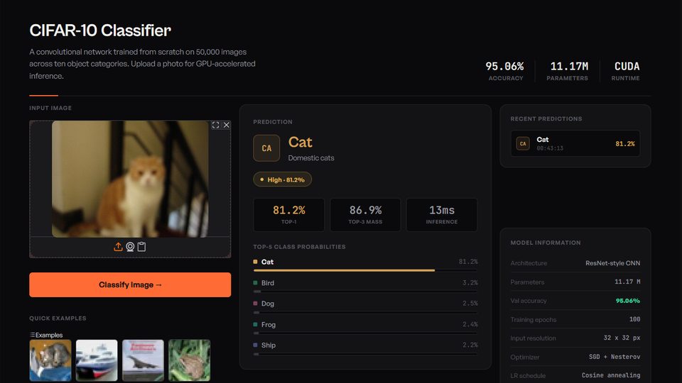 CIFAR-10 classifier web app predicting a cat